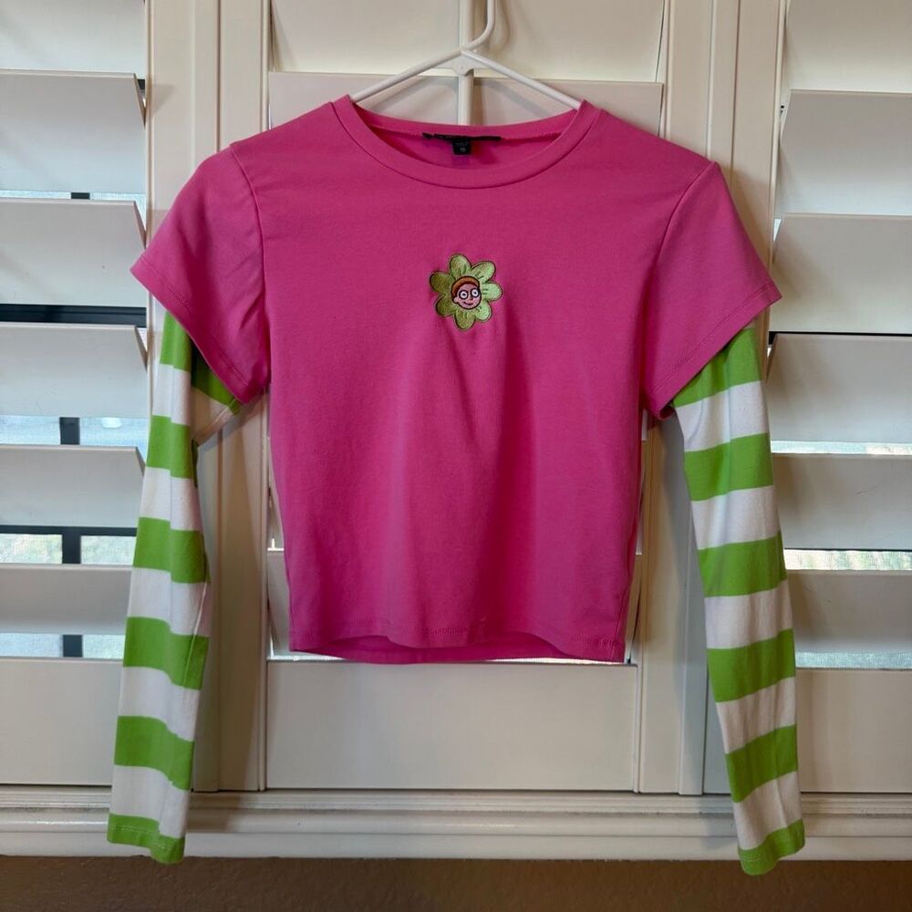 Dolls Kill X Rick & Morty Striped Long Sleeve Crop Top Pink Shirt Goth Alt Sz S